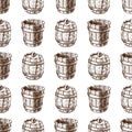 Wooden barrel vintage old hand drawn sketch storage seamless pattern fermenting distillery cargo drum lager vector