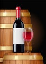 Wooden barrel with wine bottle and wineglass. Vessel for keeping. Vector illustration.