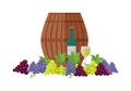 Wooden Barrel with Wine. Different Grapes Sorts .