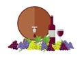 Wooden Barrel with Wine. Different Grapes Sorts .