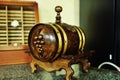 Wooden barrel with wine with a picture of grapes Royalty Free Stock Photo