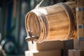 A wooden barrel with wood barrel spigot hanging in front of an old traditional store near Grand Bazaar, Istanbul. Royalty Free Stock Photo