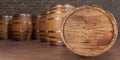 Wooden barrels in cellar. advertising of brewery, winery, tasting of new varieties of alcoholic beverages. Wine barrels in wine- Royalty Free Stock Photo