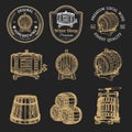 Wooden barrels collection for alcohol drinks icons or signs. Hand sketched kegs emblems. Whiskey,beer,wine logotype set. Royalty Free Stock Photo