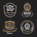Wooden barrels collection for alcohol drinks icons or signs. Hand sketched kegs emblems.Whiskey,beer,wine logotypes set. Royalty Free Stock Photo