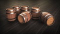 Wooden barrels, collection of standing beer, wine and rum wooden barrels. Royalty Free Stock Photo