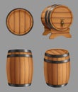 Wooden barrels. Containers for alcohol liquids beer or old wine cork barrels with steel circles decent vector realistic