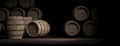 Wooden barrels on dark background. 3d illustration Royalty Free Stock Photo