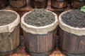 Wooden Barrels with loose tea Royalty Free Stock Photo