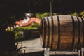 Wooden barrels with red and wihte wine for tasting on the vineyard. Copy space for text and design