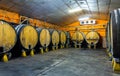 Wooden barrels in rows at contemporary cider actory. Asturias. Royalty Free Stock Photo