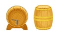 Wooden barrels set. Traditional oak cask with tap for wine, rum, beer, cognac, whiskey vector illustration Royalty Free Stock Photo