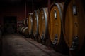 Wooden barrels for wine aging in the cellar..Italian wine