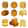 Wooden barrels for wine or beer set. Oak casks for storing alcoholic beverages vector illustration Royalty Free Stock Photo