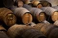 Wooden barrels with wine inside traditional winery with dark cellar for winemaking