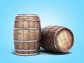 Wooden barrels for wine or wiskey 3d illustration on blue gradient