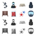 Wooden barricade, protective mask and other accessories. Paintball single icon in cartoon, monochrome style vector symbol Royalty Free Stock Photo