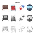 Wooden barricade, protective mask and other accessories. Paintball single icon in cartoon,outline,monochrome style Royalty Free Stock Photo