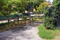 Wooden barriers with a road sign indicating the end of the pedestrian path Marche, Italy