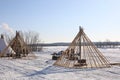 Wooden base of the Nenets dwelling on a winter day in Siberia