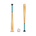 The wooden baseball bat and ball isolated on white, realistic 3D vector sports objects, a set of equipment for baseball Royalty Free Stock Photo