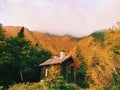 A wooden bathroom on the Mt. Washington