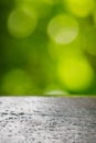 Wooden basis and green nature bokeh background