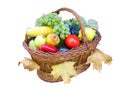 Wooden basket with autumn harvest fruit vegetables Royalty Free Stock Photo