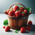 A wooden basket overflowing with strawberries sits on a table. Some strawberries are outside the basket.