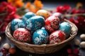 Wooden basket painted eggs table easter celebration, easter traditions picture Royalty Free Stock Photo