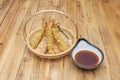 Wooden basket with shrimp and vegetable tempura Royalty Free Stock Photo