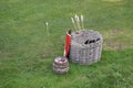 Wooden basket used to store medieval archery equipment, with arr Royalty Free Stock Photo