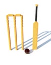 Wooden bat and leather red cricket ball 3d render illustration Royalty Free Stock Photo