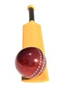 Wooden bat and leather red cricket ball 3d render illustration Royalty Free Stock Photo