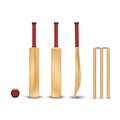 The wooden bat, wicket, the ball for the game of cricket, realistic 3D vector models with wooden texture of objects isolated on Royalty Free Stock Photo