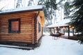 Wooden bath, barbecue for meat and canopy among pines