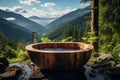 Wooden bath outside overlooking a mountain landscape with a forest. Spa and relaxation. generative AI