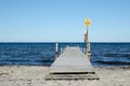 Wooden bath pier with sign for shallow water