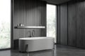 Wooden bathroom corner with gray tub and windows Royalty Free Stock Photo