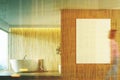 Wooden bathroom interior, picture, front girl Royalty Free Stock Photo