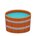 Wooden bathtub with water in cartoon flat style isolated on white background. Traditional natural sauna, bathhouse