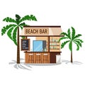 Wooden beach bar with palms tree, chair, trashcan with shadows isolated on white background