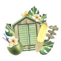 Wooden beach cabin with surfboard, tropical monstera leaves, frangipani flowers, road sign and cocktail in coconut