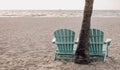 Wooden beach chairs at the tree at the shore