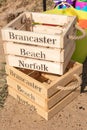 Wooden Beach Crates at Brancaster Beach on a sunny day, North Norfolk England