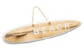 Wooden beach sign board with surfboard shape. Isolate on white jpeg and png formats Royalty Free Stock Photo