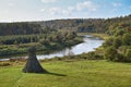 Wooden beacon on the Ugra River shore in Nikola-Lenivets village