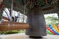 Wooden beam and a hanging bell at Gilsangsa Temple in Seoul