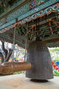 Wooden beam and a hanging bell at Gilsangsa Temple in Seoul