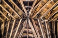 Wooden beam pattern on interior ceiling in rustic barn Royalty Free Stock Photo